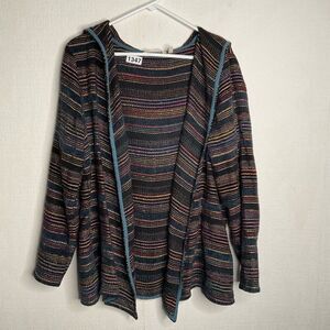 Soft Surroundings Womens L Striped Multicolor North Cabin Hood Cardigan‎ Sweater